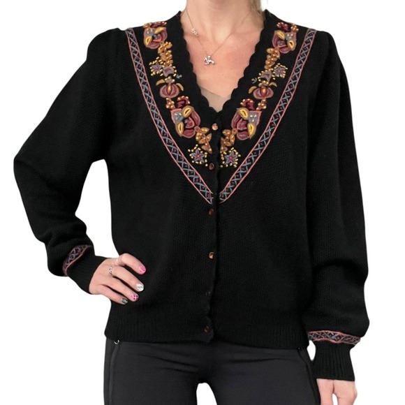 Herman Geist Sm Black Floral Hand Embroidered Wool Cardigan, Sweater Cottagecore - Picture 4 of 16